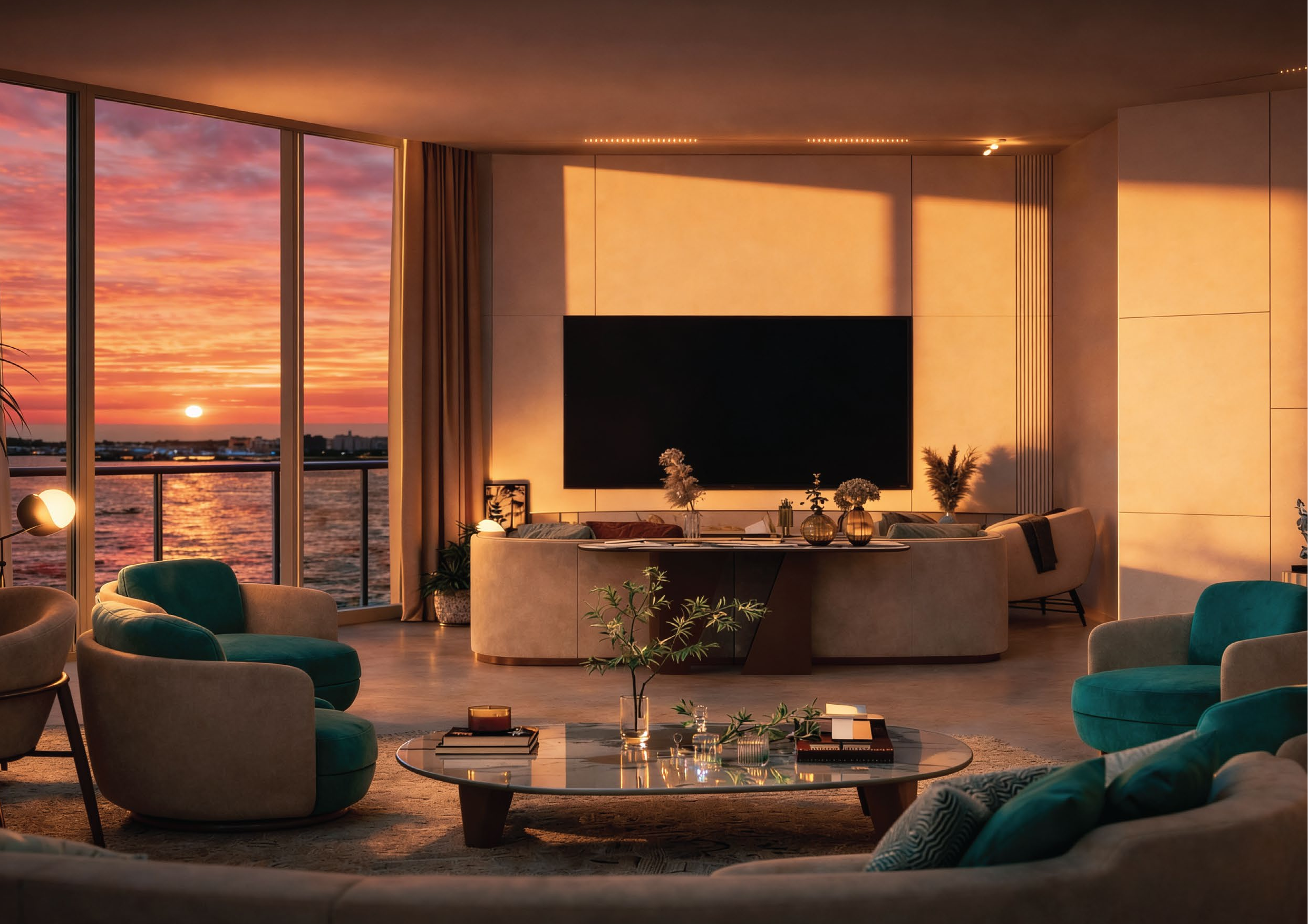 Living room with panoramic sunset view