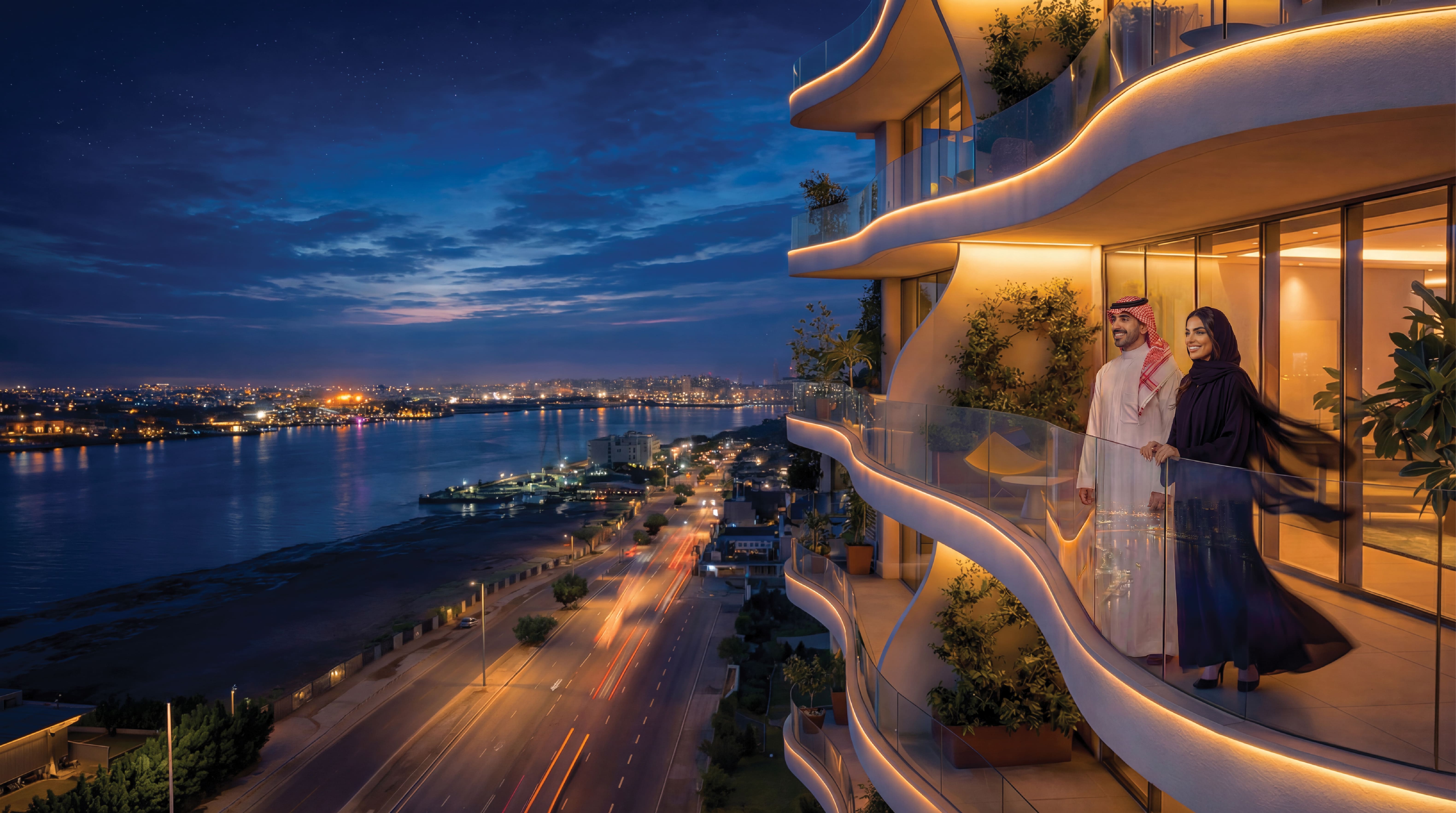 Obhur Tower balcony overlooking Jeddah creek at night